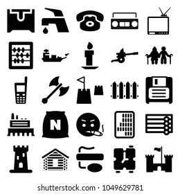 Old icons. set of 25 editable filled old icons such as castle, wooden wall, tap, abacus, smoking emot, desk phone, diskette, castle tower, alarm, axe weapon, cannon