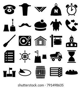 Old icons. set of 25 editable filled old icons such as sack, wooden wall, toy car, mop, woman hat, castle, desk phone, gramophone, paper, tap, turtle  illsutration