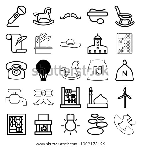 Old icons. set of 25 editable outline old icons such as air balloon, sack, mosque, castle, horse toy, mustache, feather and paper, abacus, spa stone, fireplace, rocking chair