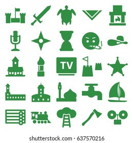 Old icons set. set of 25 old filled icons such as castle, mosque, wooden wall, brush, tap, cravat, woman hat, smoking emot, locomotive, tv, microphone, sheriff, sailboat