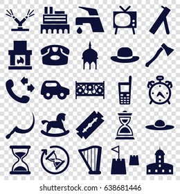 Old icons set. set of 25 old filled icons such as alarm, castle, mosque, horse toy, toy car, razor, desk phone, hourglass, tap, woman hat, call, scythe, fence, old phone, harp