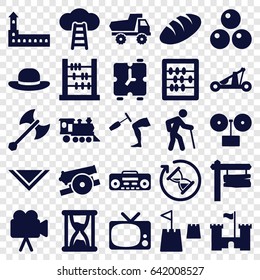 Old icons set. set of 25 old filled icons such as bread, castle, toy car, cravat, woman hat, abacus, direction board, locomotive, camera, knee hammer reaction check