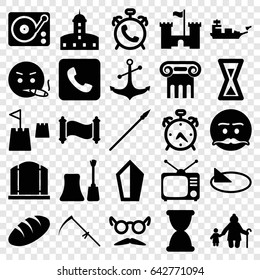 Old icons set. set of 25 old filled icons such as bread, alarm, greek column, castle, gate, nail polish, mustache and glasses, emot with mustache, smoking emot, scythe, anchor