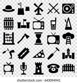 Old icons set. set of 25 old filled icons such as barrel, castle, mill, razor, woman hat, fence, tv, old phone, desk phone, knee hammer reaction check, medical hammer