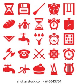 Old icons set. set of 25 old filled icons such as bread, alarm, helm, hourglass, mop, cravat, woman hat, tap, desk phone, diskette, metronome, harp, swing, watering system