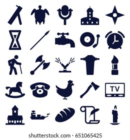 Old icons set. set of 25 old filled icons such as chicken, bread, castle, horse toy, brush, feather and paper, desk phone, microphone, gramophone, tv, watering system, tap