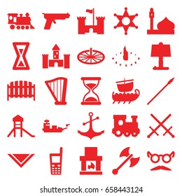 Old icons set. set of 25 old filled icons such as mosque, train toy, hourglass, cravat, mustache and glasses, fence, locomotive, anchor, old phone, harp, sheriff, sundial