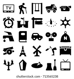 Old icons set. set of 25 old filled icons such as sack, mill, eiffel tower, toy car, book, nail polish, tap, chest, direction board, tv, camera, knee hammer reaction check