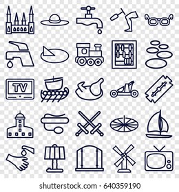 Old icons set. set of 25 old outline icons such as chicken, mill, castle, train toy, razor, gate, tap, woman hat, hands washing, pin microphone, knee hammer reaction check, tv