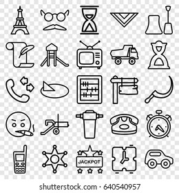 Old icons set. set of 25 old outline icons such as alarm, eiffel tower, toy car, desk phone, nail polish, jackpot, cravat, abacus, feather and paper, mustache and glasses