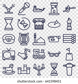 Old icons set. set of 25 old outline icons such as castle, mosque, wooden wall, greek column, horse toy, train toy, brush, hands washing, camera, microphone, harp, desk phone