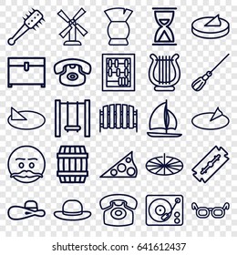 Old icons set. set of 25 old outline icons such as barrel, mill, razor, brush, mop, chest, woman hat, fence, gramophone, harp, desk phone, swing, sundial, mace, sailboat