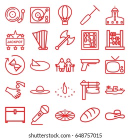 Old icons set. set of 25 old outline icons such as bread, castle, jackpot, chest, woman hat, direction board, hands washing, medical hammer, microphone, gramophone, harp
