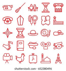 Old icons set. set of 25 old outline icons such as chicken, castle, mosque, greek column, eiffel tower, book, mop, woman hat, hands washing, camera, pin microphone, microphone