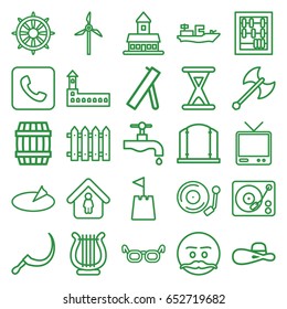 Old icons set. set of 25 old outline icons such as barrel, castle, gate, woman hat, man in home, tap, scythe, fence, helm, tv, gramophone, harp, call, hourglass, castle tower
