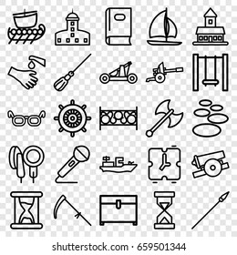 Old icons set. set of 25 old outline icons such as castle, helm, book, mop, chest, scythe, fence, hands washing, microphone, swing, hourglass, alarm, catapult, axe weapon