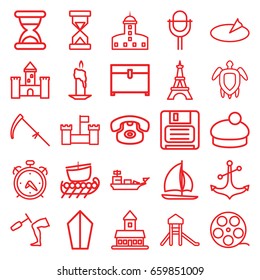 Old icons set. set of 25 old outline icons such as alarm, castle, eiffel tower, chest, woman hat, scythe, anchor, diskette, knee hammer reaction check, microphone