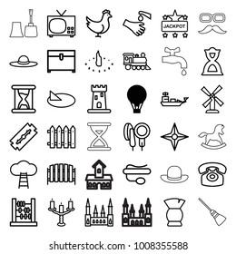 Old icons. set of 36 editable outline old icons such as air balloon, chicken, castle, mill, razor, brush, jackpot, chest, woman hat, abacus, tv, fence, hands washing