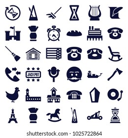 Old icons. set of 36 editable filled old icons such as chicken, alarm, castle, wooden wall, eiffel tower, desk phone, brush, emot with mustache, rocking chair, sword