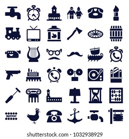 Old icons. set of 36 editable filled old icons such as barrel, alarm, castle, greek column, train toy, desk phone, brush, tap, mustache and glasses, gramophone, abacus
