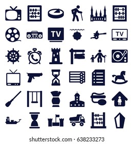 Old icons set. set of 36 old filled icons such as alarm, castle, wooden wall, horse toy, toy car, helm, brush, mop, man in home, abacus, direction board, tv, pin microphone