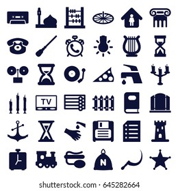 Old icons set. set of 36 old filled icons such as sack, alarm, castle, mosque, wooden wall, greek column, train toy, book, gate, mop, tap, man in home, scythe, fence