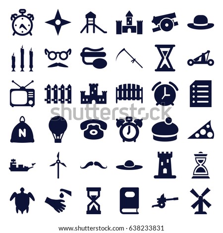 Old icons set. set of 36 old filled icons such as sack, alarm, castle, mill, book, mustache, woman hat, mustache and glasses, scythe, fence, hands washing, tv, pin microphone