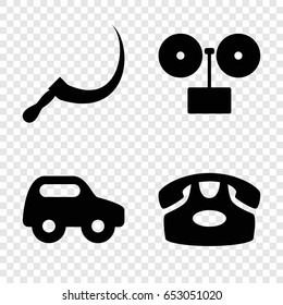 Old icons set. set of 4 old filled icons such as toy car, desk phone, scythe