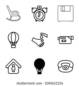 Old icons. set of 9 editable outline old icons such as air balloon, man in home, clock alarm, hands washing, camera, desk phone, rocking chair