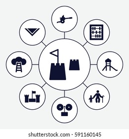 old icons set. Set of 9 old filled icons such as cravat, castle tower, cannon, ladder to the sky, castle, gramophone, abacus