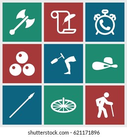 Old icons set. set of 9 old filled icons such as alarm, woman hat, feather and paper, knee hammer reaction check, sundial, axe weapon, spear, canon ball