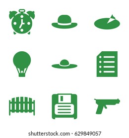 Old icons set. set of 9 old filled icons such as woman hat, fence, diskette, paper, air balloon, sundial, alarm