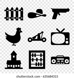 Old icons set. set of 9 old filled icons such as chicken, castle, woman hat, fence, record player, catapult, gun, tv
