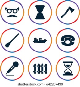 Old icons set. set of 9 old filled icons such as hourglass, mop, mustache and glasses, fence, microphone, desk phone, axe weapon