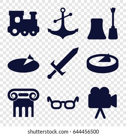 Old icons set. set of 9 old filled icons such as greek column, train toy, nail polish, anchor, camera, sundial, sword