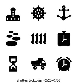 Old icons set. set of 9 old filled icons such as castle, toy car, helm, fence, anchor, hourglass, alarm