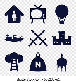 Old icons set. set of 9 old filled icons such as sack, mosque, castle, man in home, air balloon, water military, ladder to the sky, sword