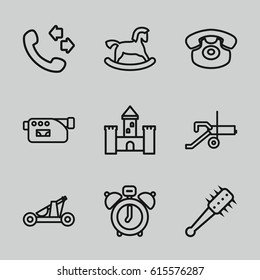 Old icons set. set of 9 old outline icons such as horse toy, call, camera, desk phone, catapult, mace, cannon, clock alarm