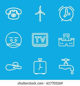 Old icons set. set of 9 old outline icons such as castle, woman hat, tap, TV, mill, alarm, emot with mustache