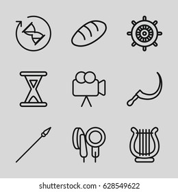 Old icons set. set of 9 old outline icons such as bread, helm, scythe, camera, microphone, harp, hourglass
