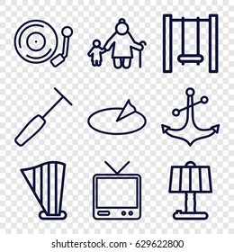 Old Icons Set. Set Of 9 Old Outline Icons Such As Anchor, Tv, Medical Hammer, Harp, Gramophone, Swing, Sundial, Old Woman And Child