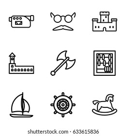 Old icons set. set of 9 old outline icons such as castle, horse toy, helm, mustache and glasses, camera, axe weapon, sailboat
