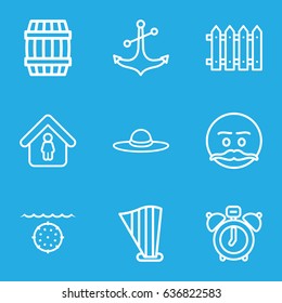 Old icons set. set of 9 old outline icons such as barrel, woman hat, man in home, fence, anchor, harp, water military, emot with mustache