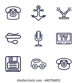 Old icons set. set of 9 old outline icons such as toy car, pin microphone, desk phone, diskette, microphone, tv, watering system