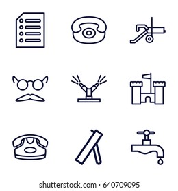 Old icons set. set of 9 old outline icons such as desk phone, mustache and glasses, tap, paper, watering system, cannon