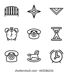 Old icons set. set of 9 old outline icons such as horse toy, cravat, fence, desk phone, hourglass, alarm