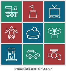 Old icons set. set of 9 old outline icons such as castle, toy car, train toy, tap, woman hat, tv, turtle  illsutration, castle tower