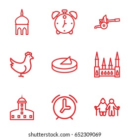 Old icons set. set of 9 old outline icons such as chicken, mosque, castle, sundial, alarm, cannon