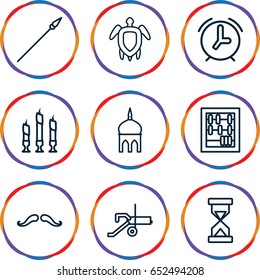 Old icons set. set of 9 old outline icons such as mosque, mustache, candle, turtle  illsutration, hourglass, alarm, spear, cannon