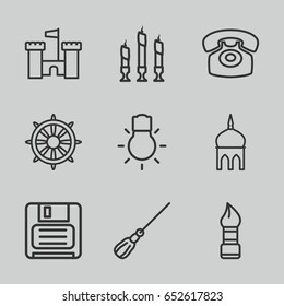 Old icons set. set of 9 old outline icons such as mosque, brush, mop, helm, diskette, desk phone, candle, camera bulb